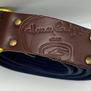 Honey Badger Brown Leather & Navy Blue Web D-Ring Belt | One Size